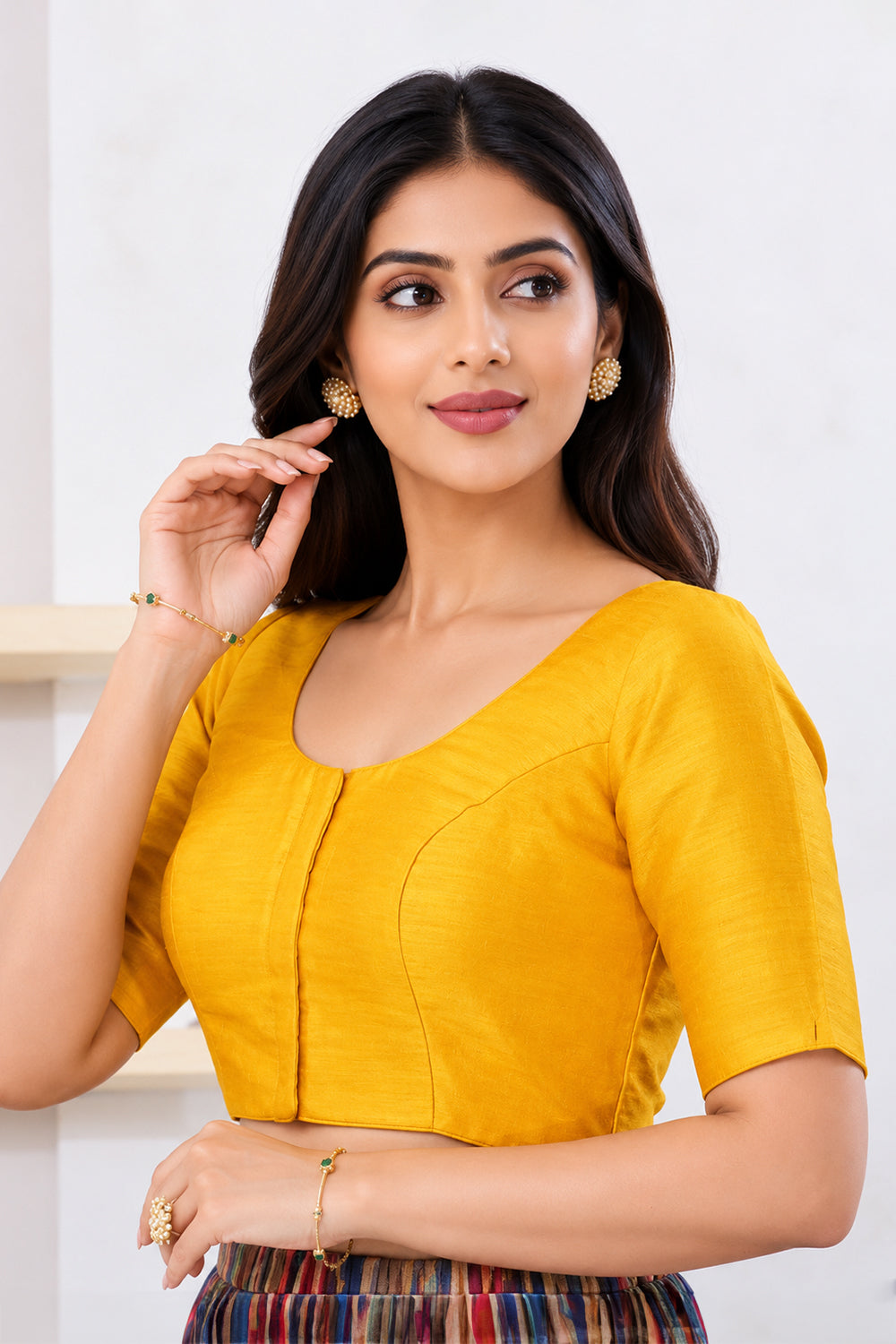 Women's Padded Art Silk Saree Blouse | Readymade Round Neck Elbow Sleeve Blouse for Women | Designer Ethnic Blouse for Sarees - R124