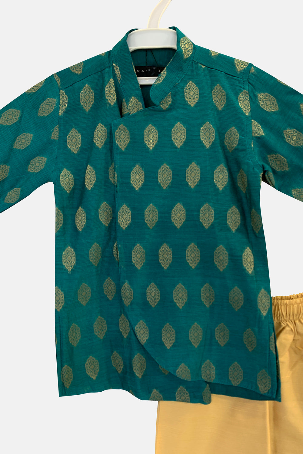 Navkrish Boy's Ethnic Kurta Set with Asymmetric Jacket with Mandarin Collar - Green - S012