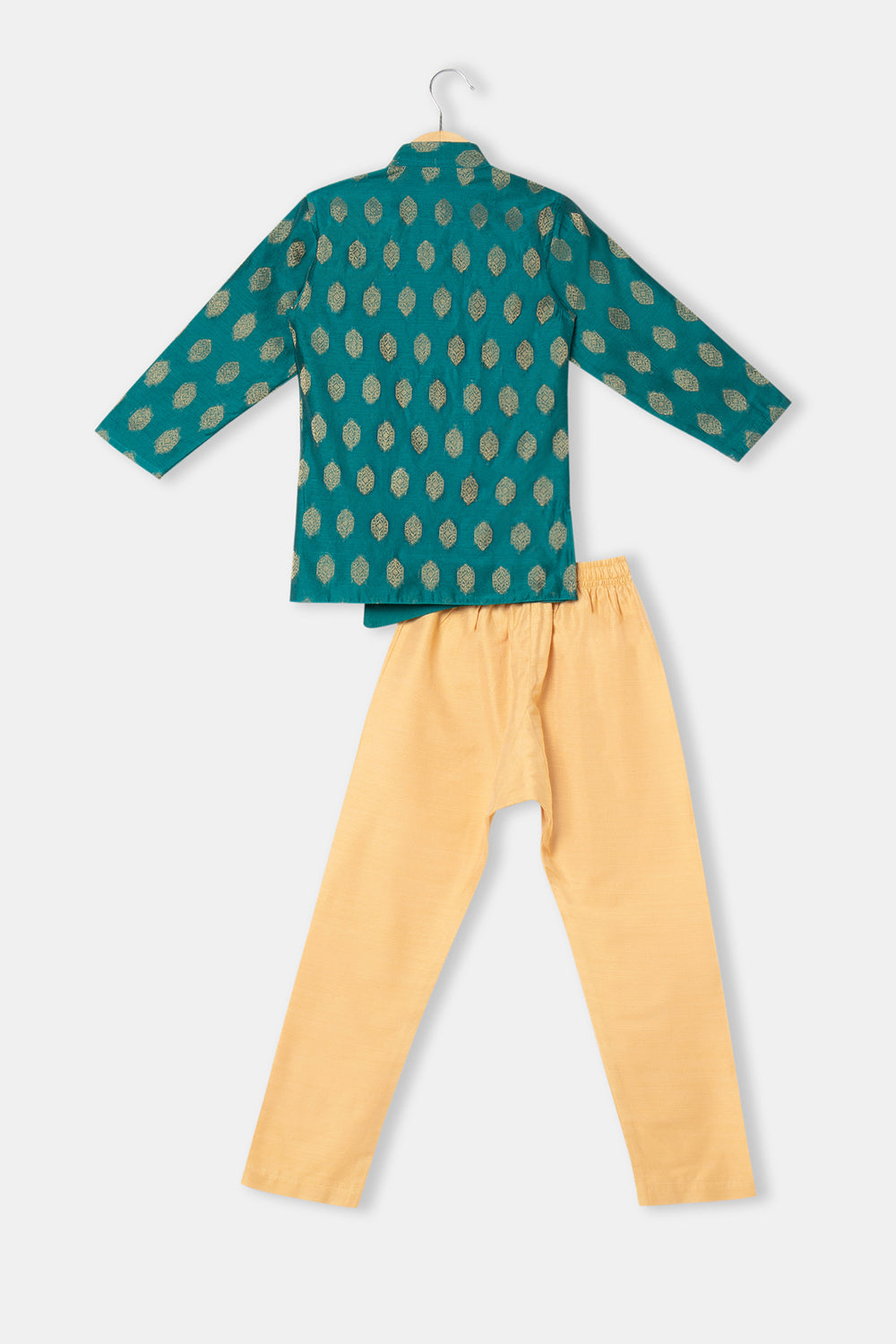 Navkrish Boy's Ethnic Kurta Set with Asymmetric Jacket with Mandarin Collar - Green - S012