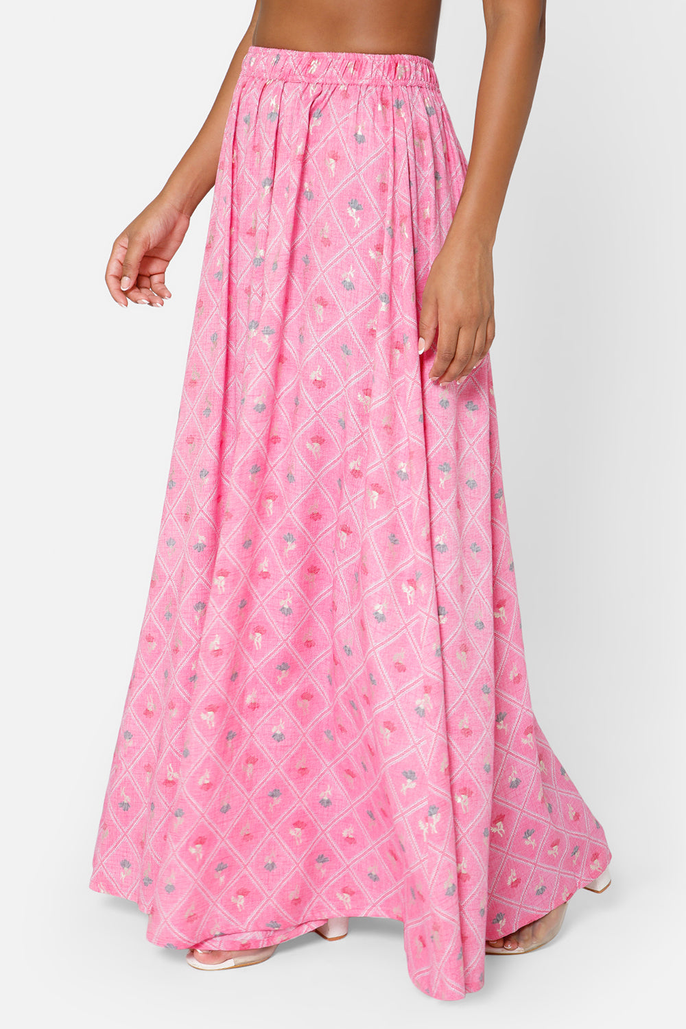 Mythri Women's Full Flare Skirt - Pink Print - SK05