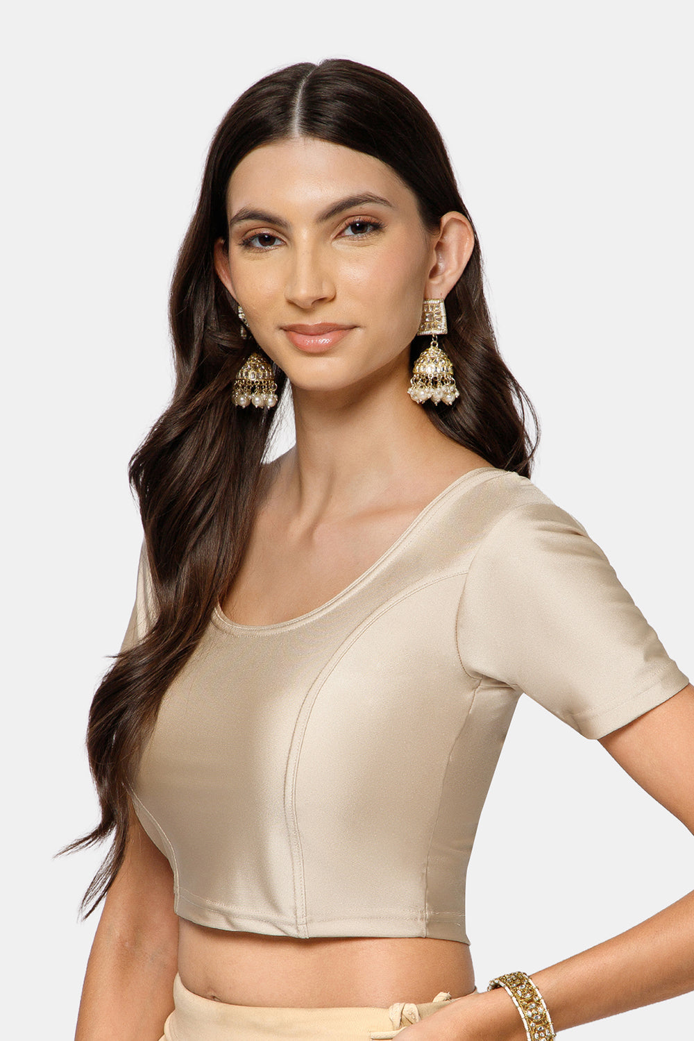 Naidu Hall Women’s Shimmer Knitted Saree Blouse | Silk Blend Round Neck Short Sleeve Ready to Wear Blouse | Regular Fit Solid Stretch Blouse for Sarees - Light Fawn Shimmer