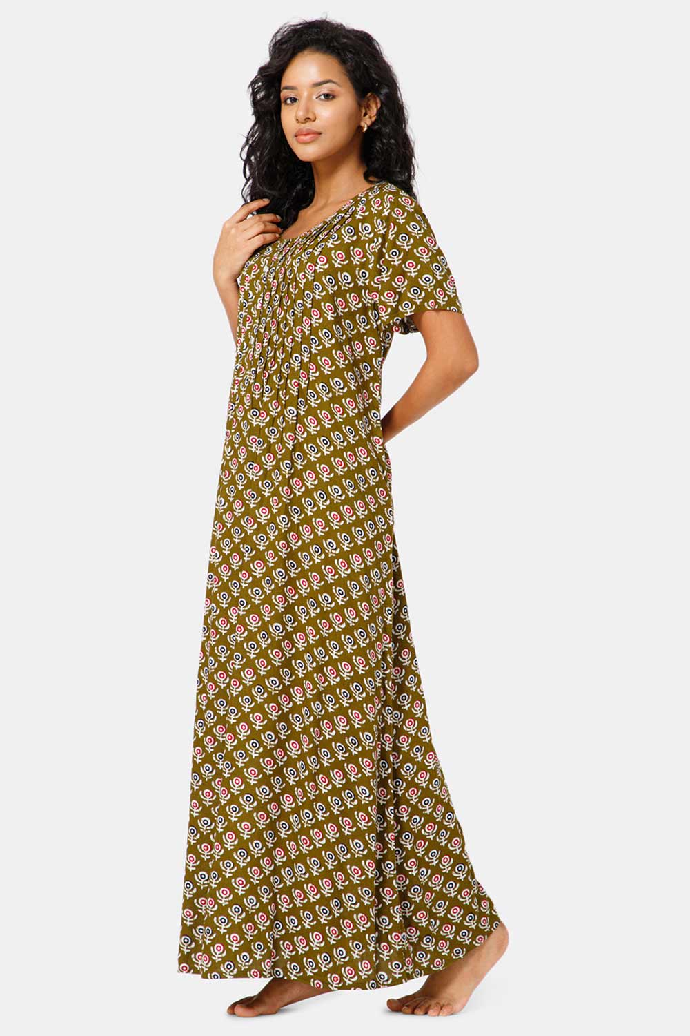 Naidu Hall Front Open V Neck Short Sleeve Printed Nighty-Olive - NT51