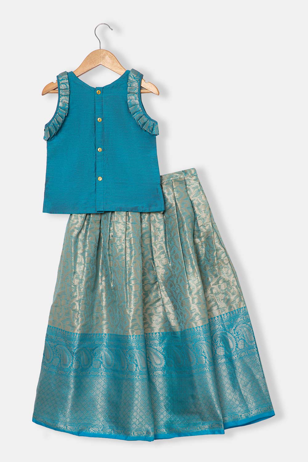 Chittythalli Girls Pavadai Set – Cotton Blend Box Pleated Skirt with Embroidered Butta Blouse - Blue - PS47