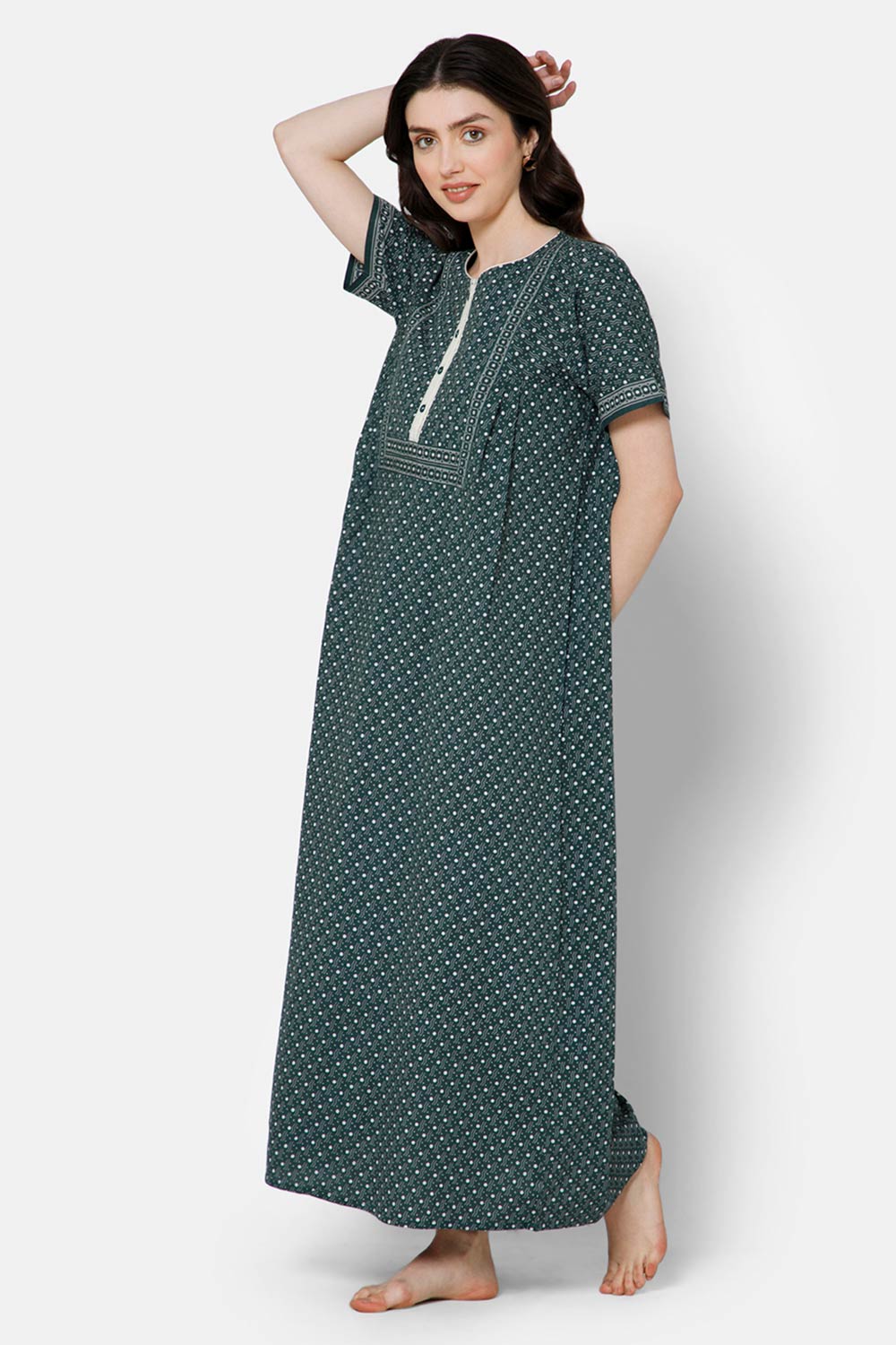 Naidu Hall A-line Front Open Women's Nighty Full Length Half Sleeve  - Teal Green - R127