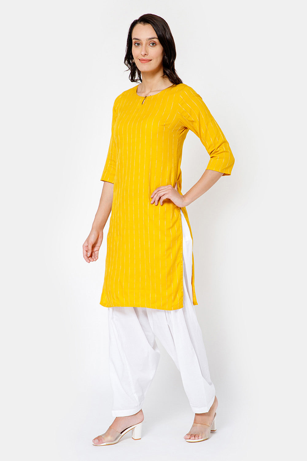 Mythri Women Knee Length Straight Kurtha - Yellow - KU34