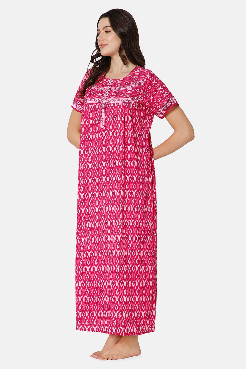 Naidu Hall A-line Front Open Women's Nighty Full Length Half Sleeve  - Pink - R131