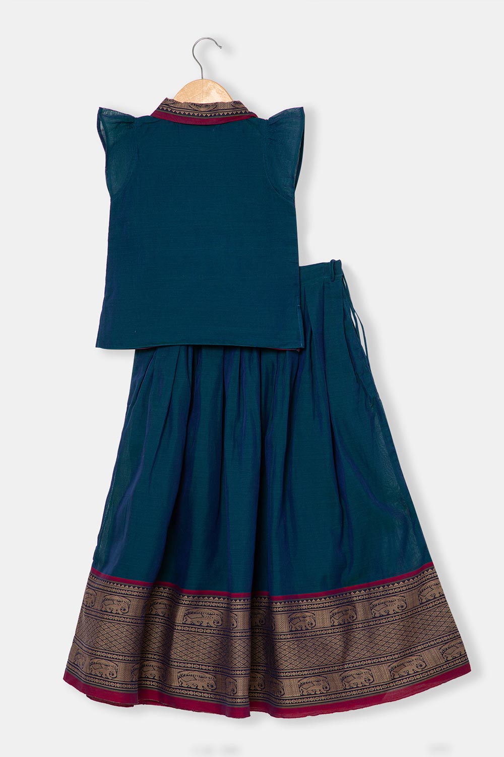 Chittythalli Girls Ethnic Pavadai Set – Hand Embroidered Fish Blouse with Box Pleated Skirt & Tassels - Blue - PS86