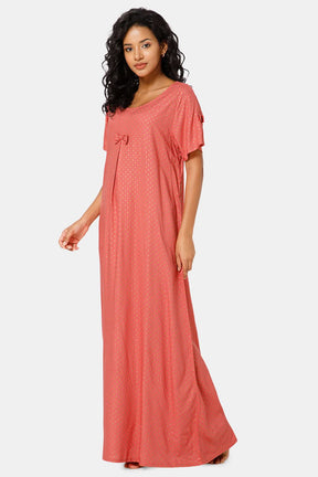 Naidu Hall  Round Neck Box Pleatted Short Sleeve Printed Nighty-Pink - NT44