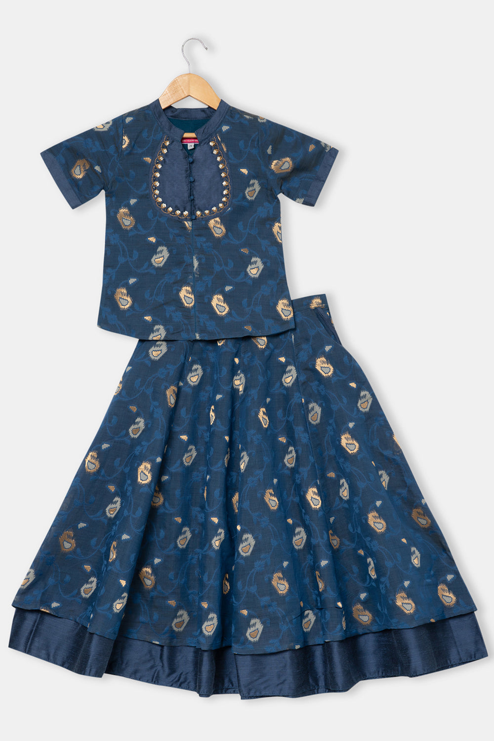 Chittythalli Girl's Ethnic Pavadai Set Round Neck Top with Shoulder Tie-Ups Sequin Embroidery & Kali Skirt - Blue - PS70