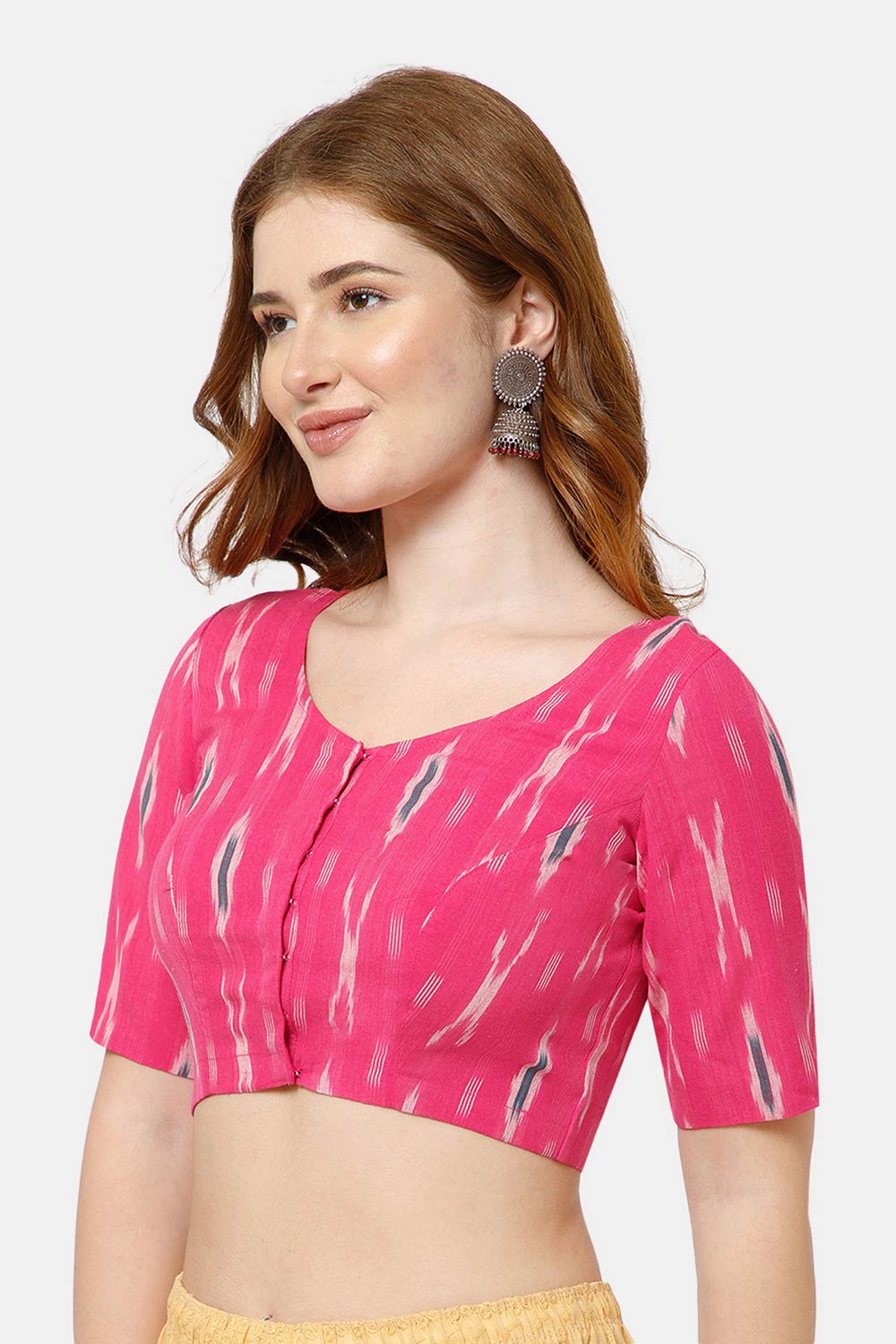 Naidu Hall Women’s Cotton Blouse | Woven U-Neck Ethnic Blouse with Elbow Sleeves & Front Closure - Pink - BU17