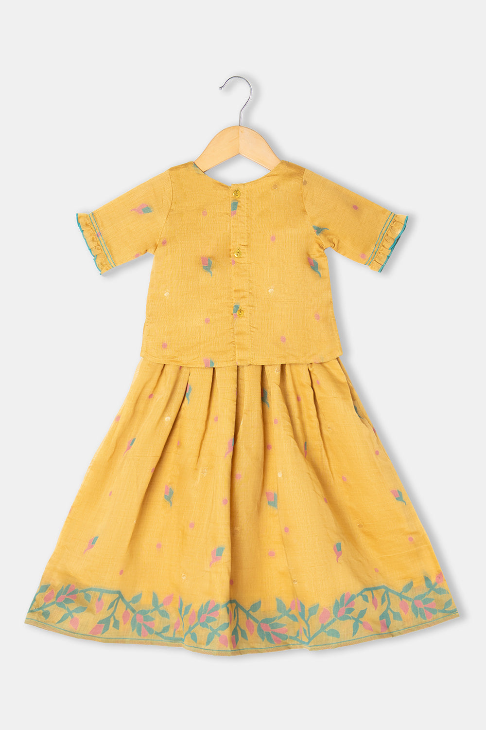 Chittythalli Girls Pavadai Set Cotton Blend with Sweetheart Neckline & Box Pleat Skirt- Yellow - PS75