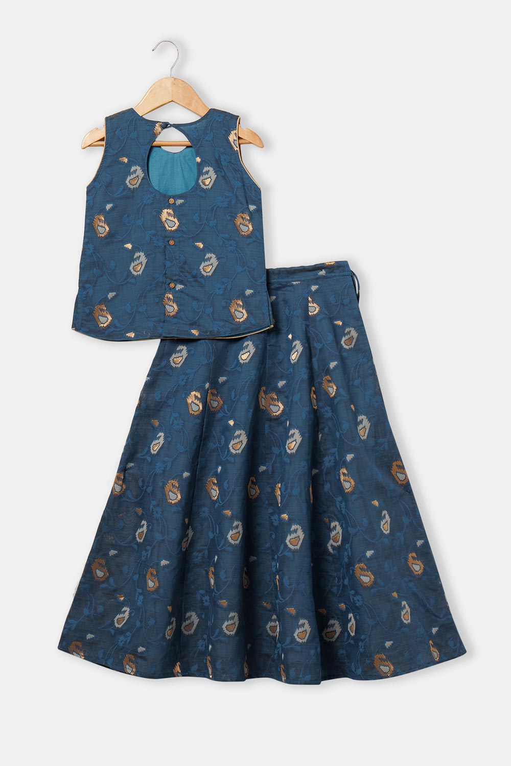 Chittythalli Girls’ Ethnic Pavadai Set – Sleeveless V-Neck Top with Flared Kali Skirt & Tassel Detailing - Navy Blue - PS60