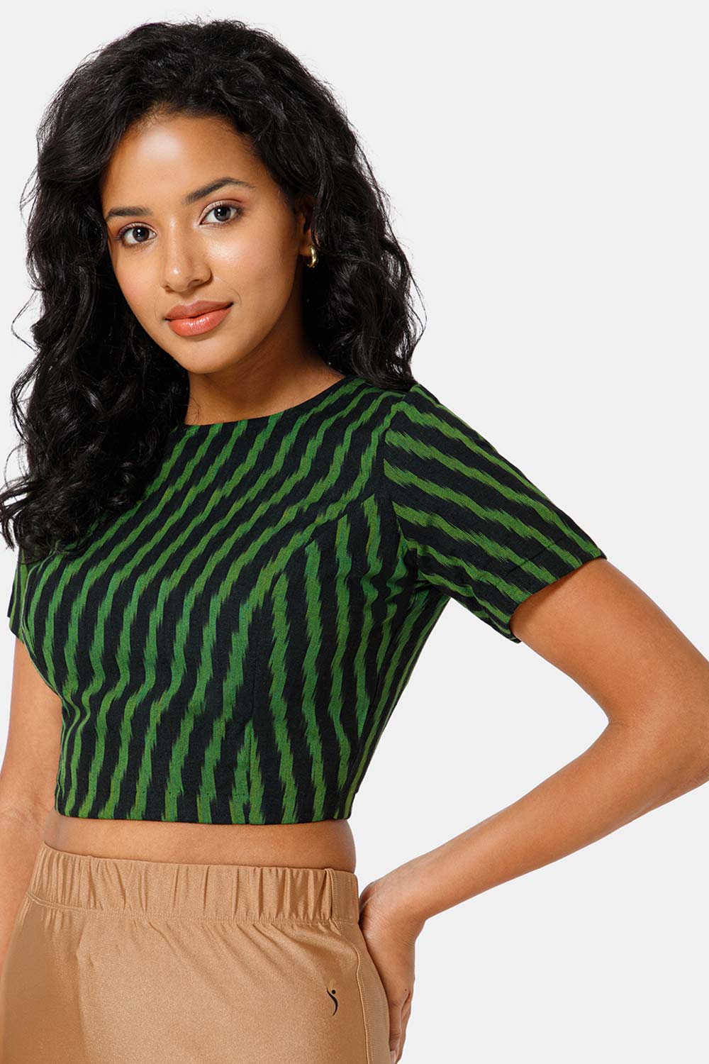 Naiduhall Princess Cut High Neck Short Sleeve Ikat Blouse - Green - BU09