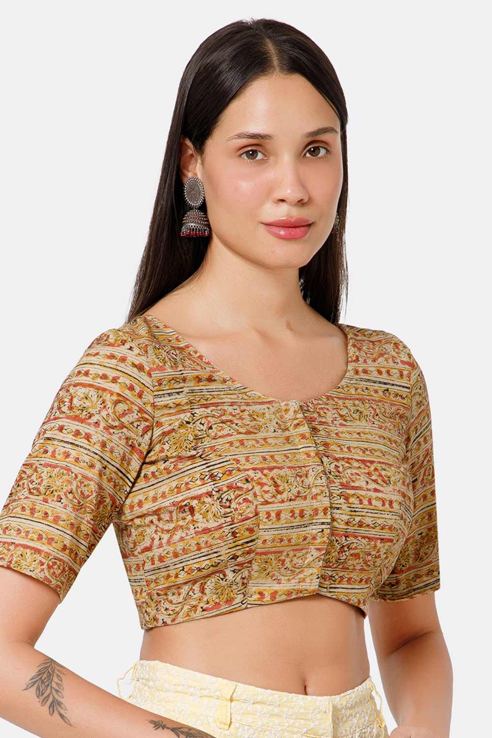 Naidu Hall Women’s Blouse Cotton Kalamkari Padded Front Open U Neck Princess Cut Elbow Sleeve Saree Blouse - Yellow - BU17