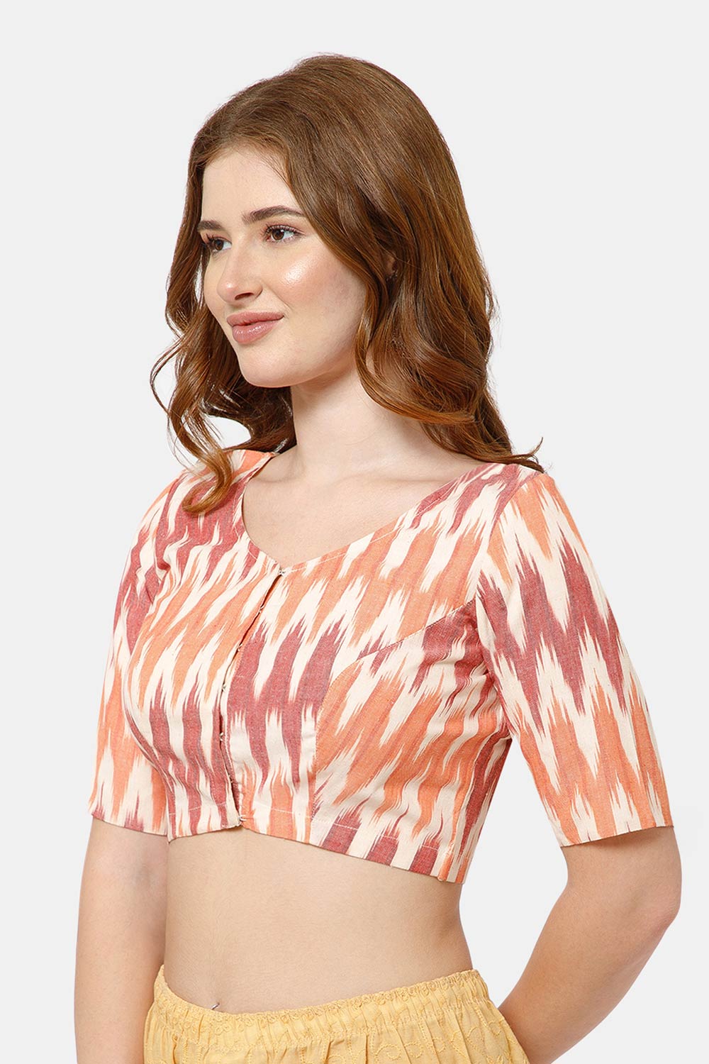 Naidu Hall Women's Cotton Blouse | Woven U-Neck Ethnic Blouse with Elbow Sleeves & Front Closure - White Red-3 - BU17