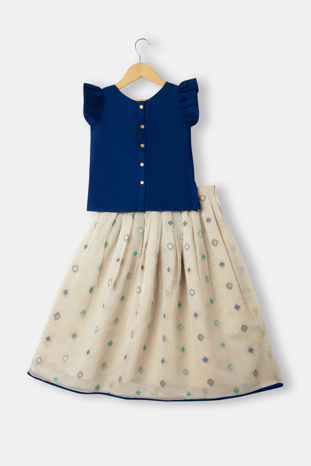 Chittythalli Girls Ethnic Wear Pavadai Set Ruffle Sleeves With Kasuti Hand Embroidery - Navy Blue - PS73