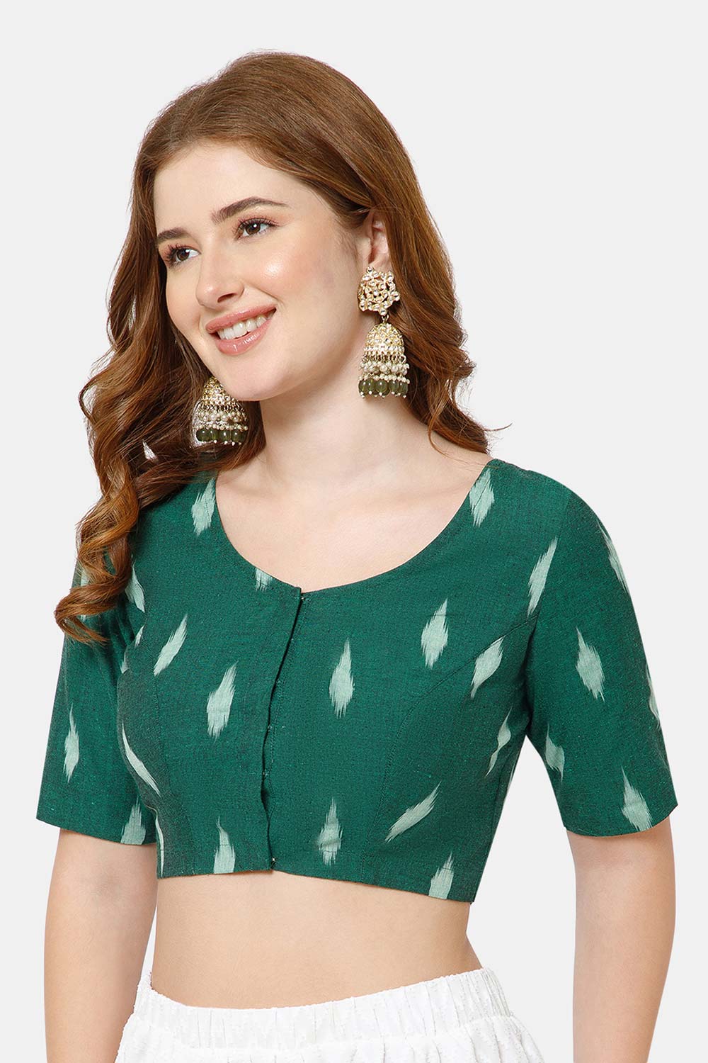 Naidu Hall Women’s Cotton Blouse | Woven U-Neck Ethnic Blouse with Elbow Sleeves & Front Closure - Dark Green - BU17