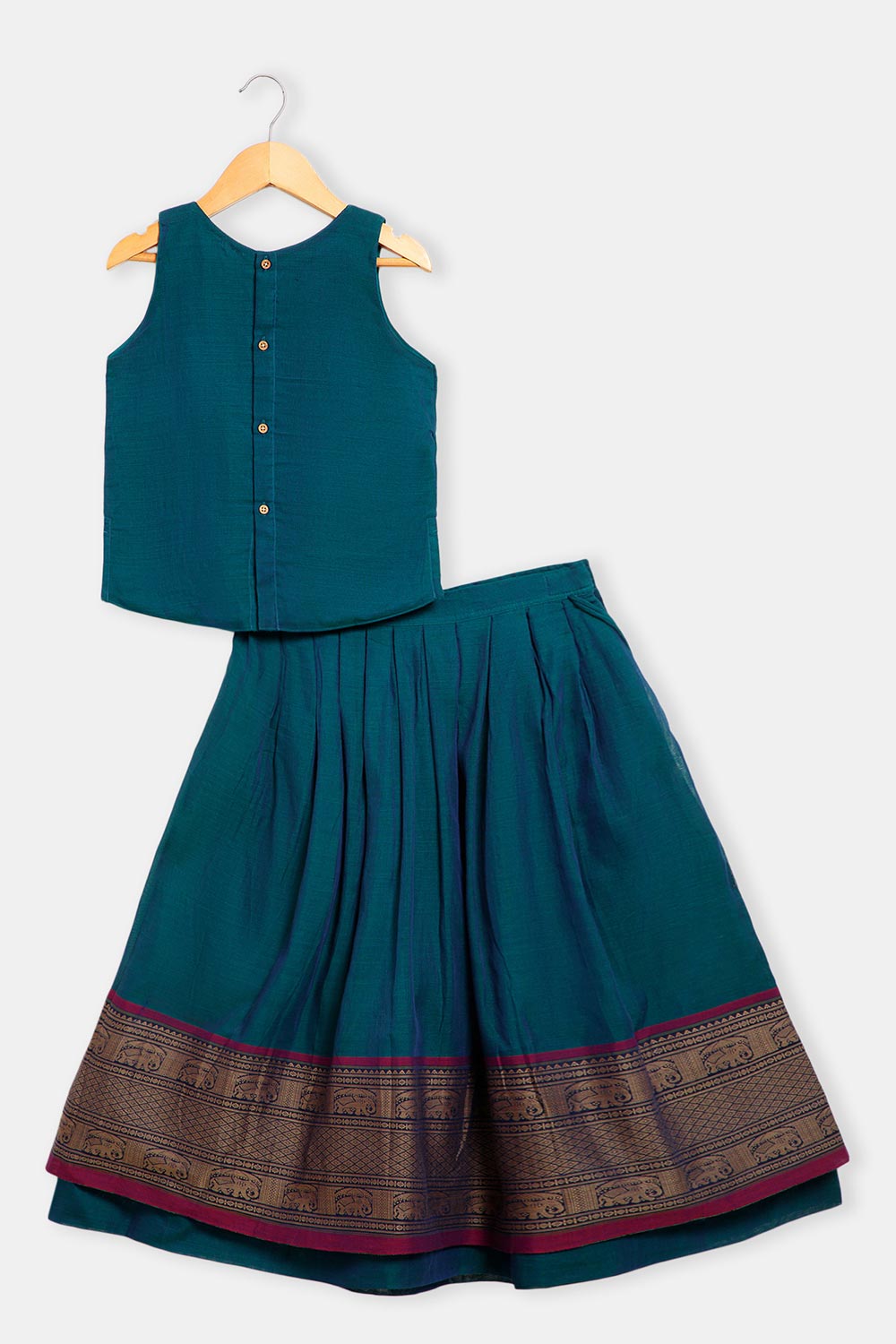 Chittythalli Girls’ Ruffle Panel Pavadai Set – Layered Box-Pleated Skirt - Dark Blue - PS28