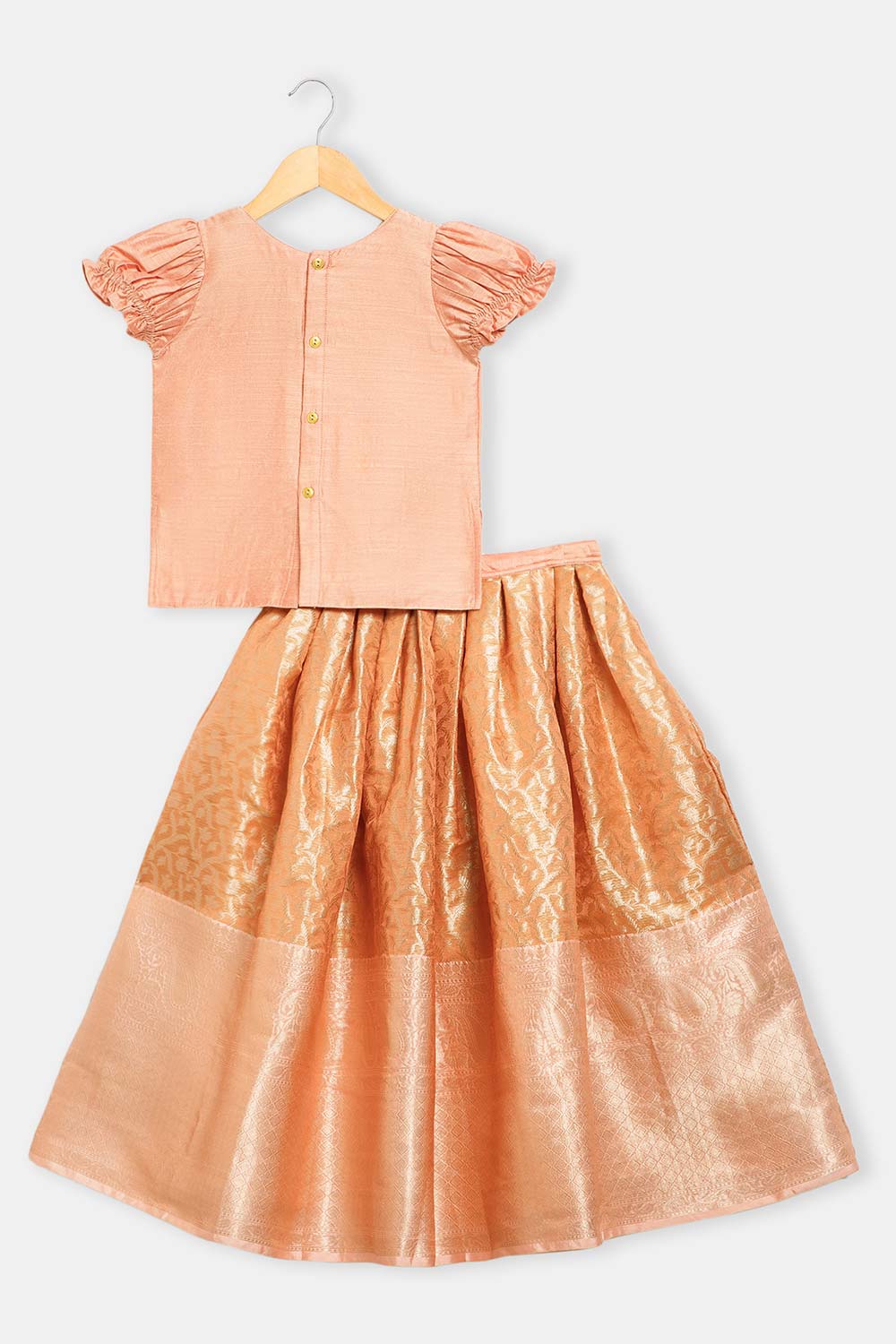 Chittythalli Girls’ Asymmetric Neck Pavadai Set – Brocade Skirt & Cotton Top - Peach - PS50