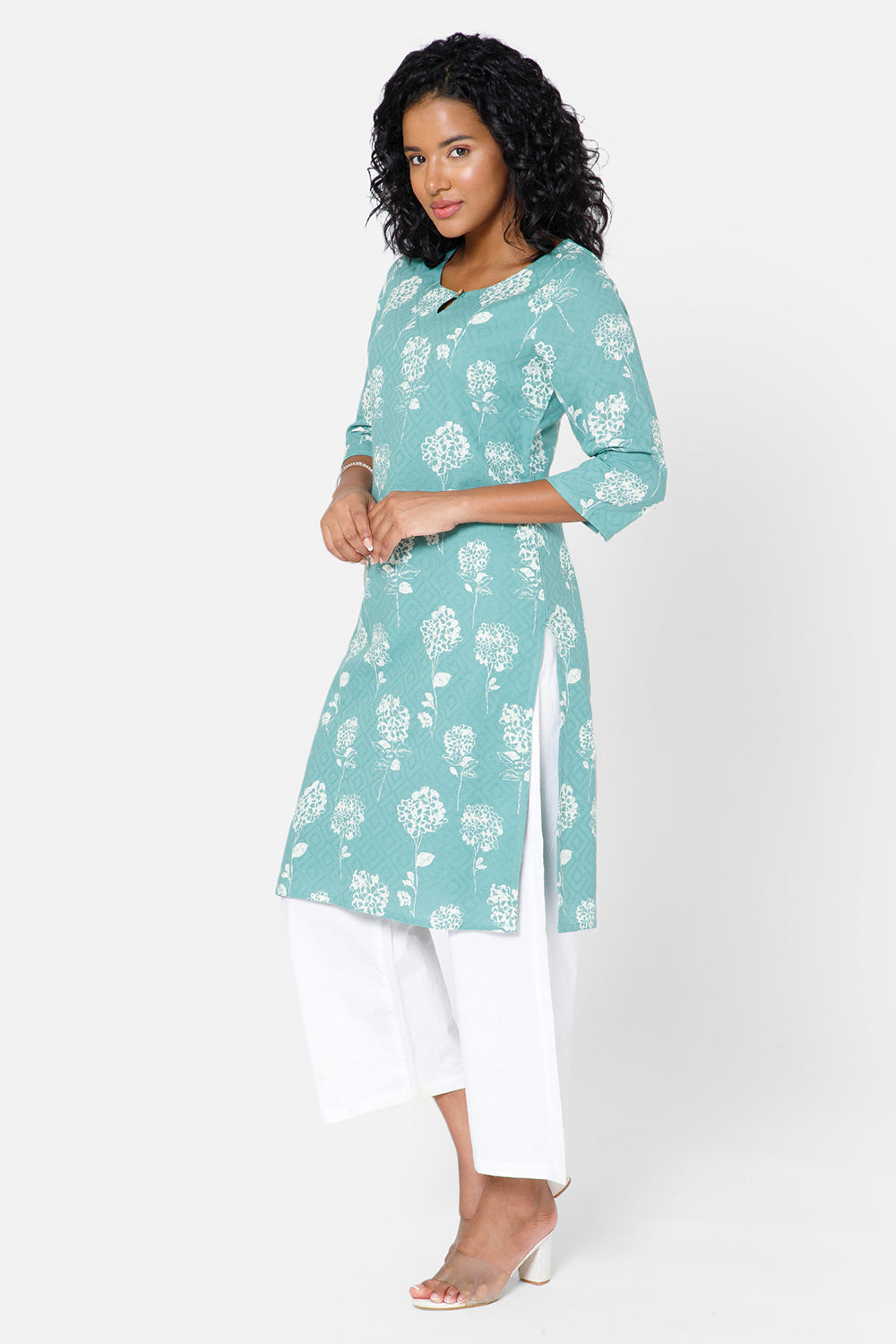 Mythri Women's Casual Kurthi with Round Neck 3/4th Sleeves - Light Green - KU34