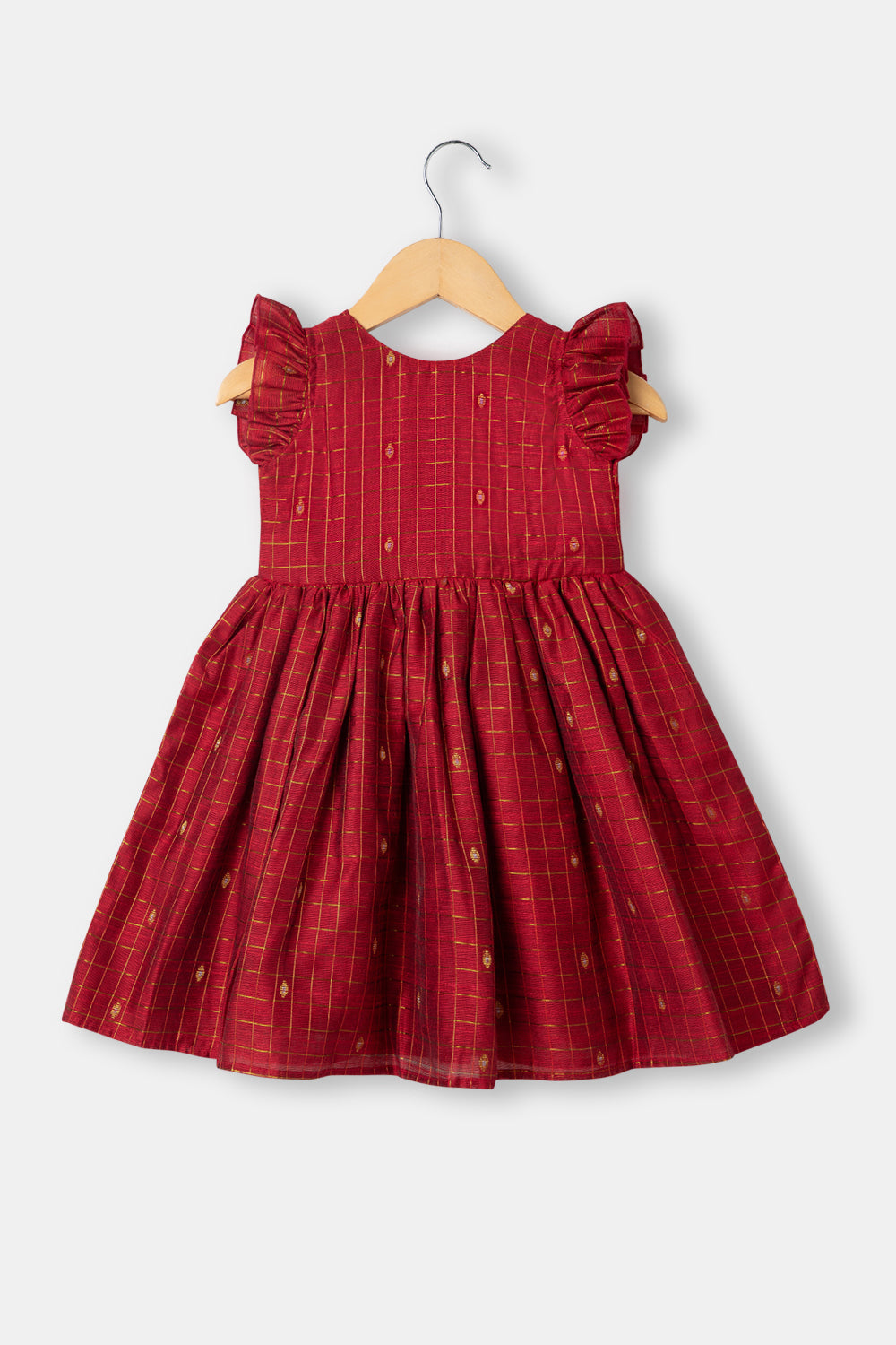 Chittythalli Raw Silk Girls Toddler Frock with Gold Button Embellishments and Zari Butta Fabric - Red - FR29