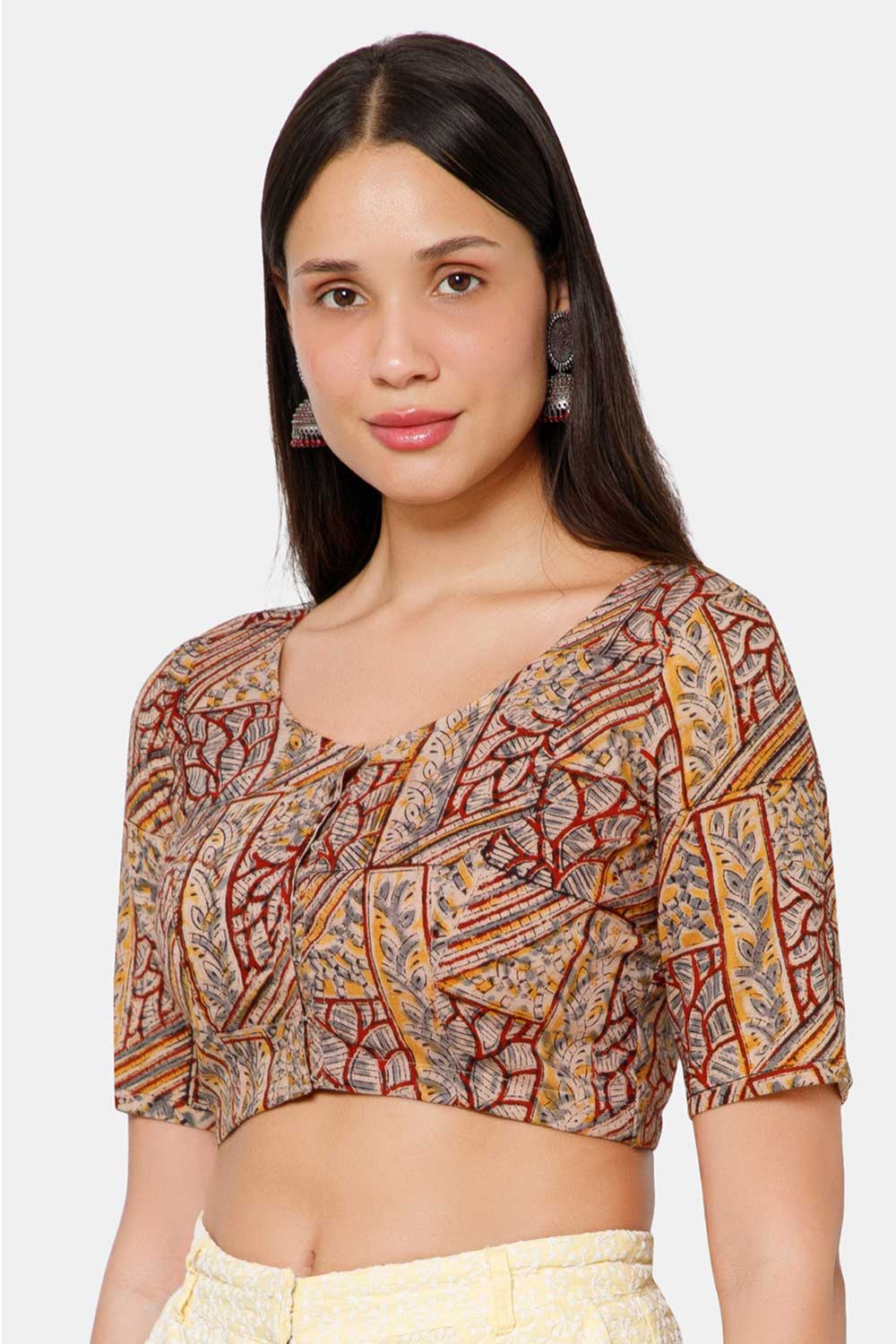 Naidu Hall Women’s Blouse Cotton Kalamkari Padded Front Open U Neck Princess Cut Elbow Sleeve Saree Blouse - Maroon - BU17