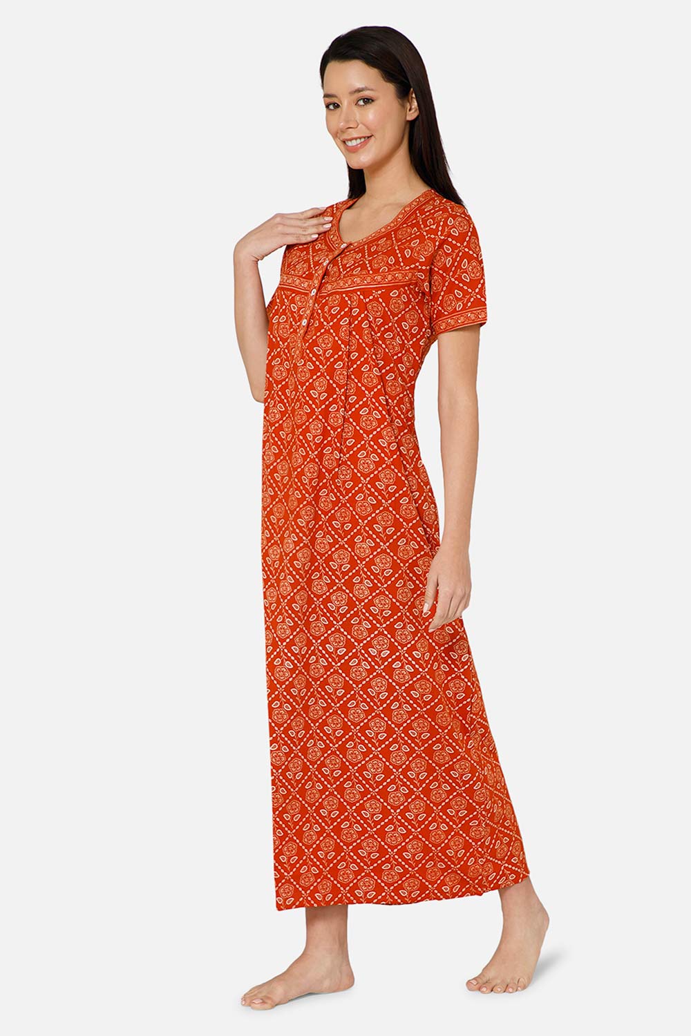 Naidu Hall A-line Front Open Women's Nighty Full Length Half Sleeve  - Orange - R133