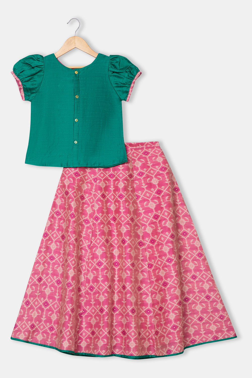 Chittythalli Round Neck Puff Sleeve Top with Embroidery & Tassel Detailed Kali Skirt - Teal Green - PS78