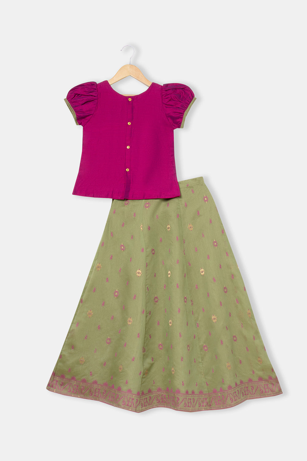 Chittythalli Girls Pavadai Set with Puff Sleeve Top & Embroidered Kali Skirt - Magenda - PS76