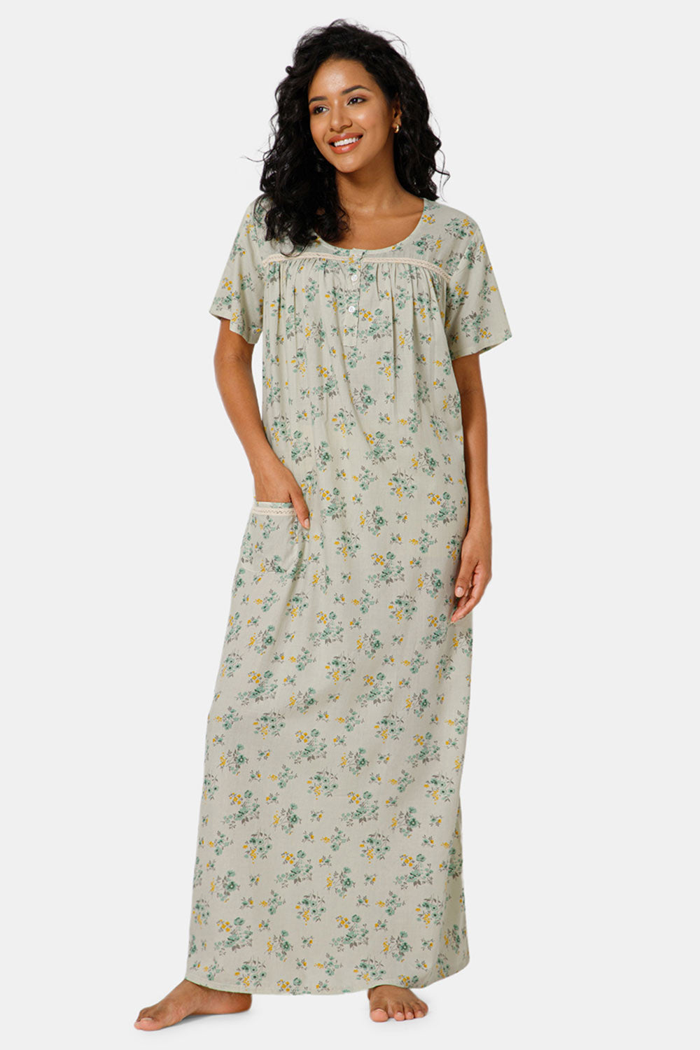 Naidu Hall Front Open Round Neck Short Sleeve Printed Nighty-Green - NT11