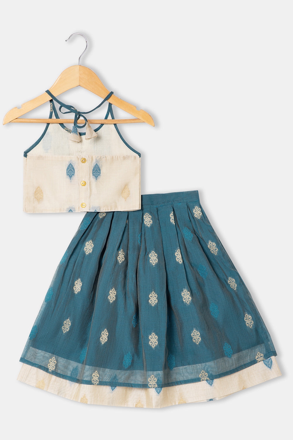 Blue Cotton Ethnic Pavadai Set – Halter Neck with Ruffles | Chittythalli Girls’ Festive Wear - PS28