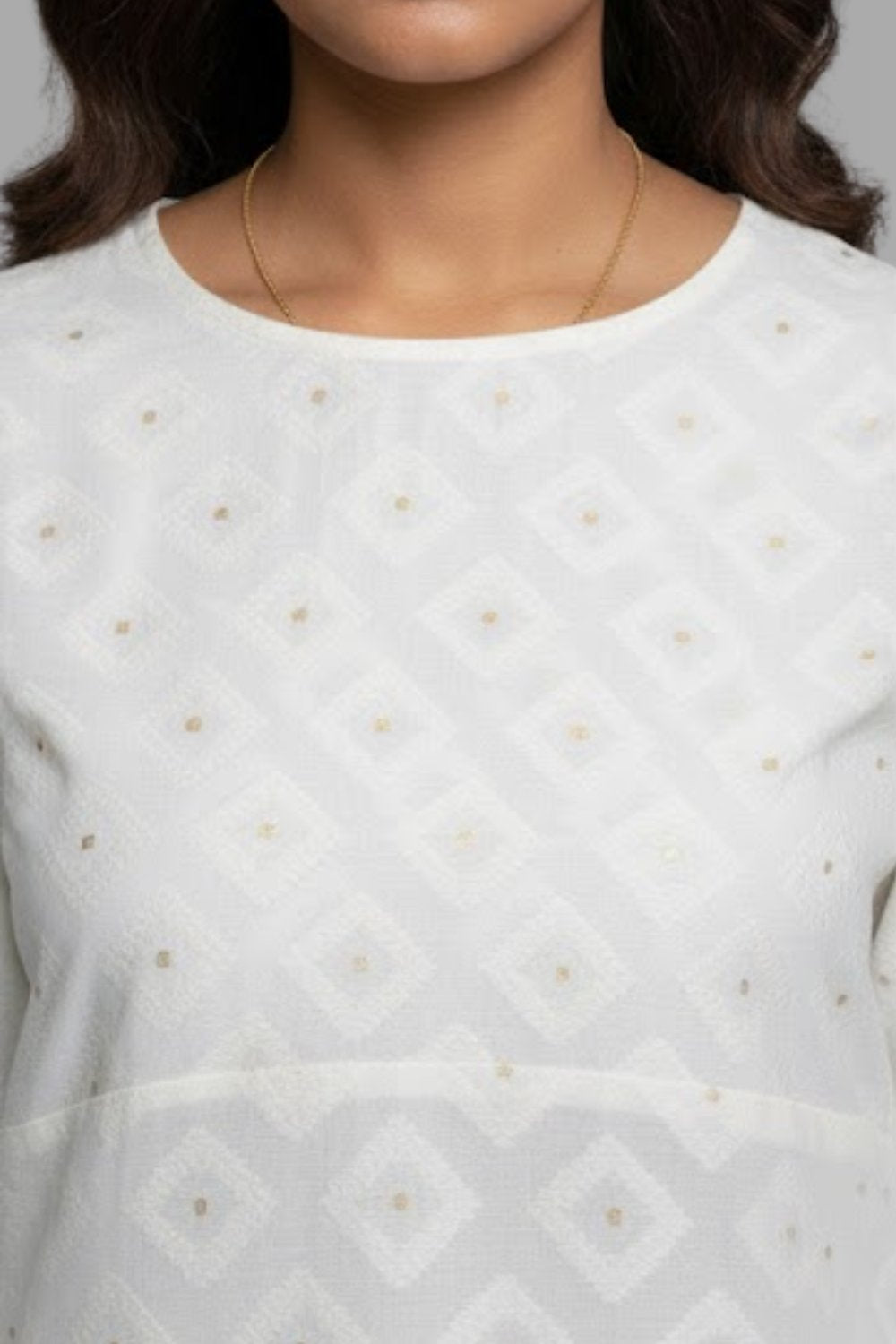 Mythri Women’s White Jacquard Chanderi Kurti – Gold Piping & Sheer Yoke Design - White Jacquard -1 - KU97