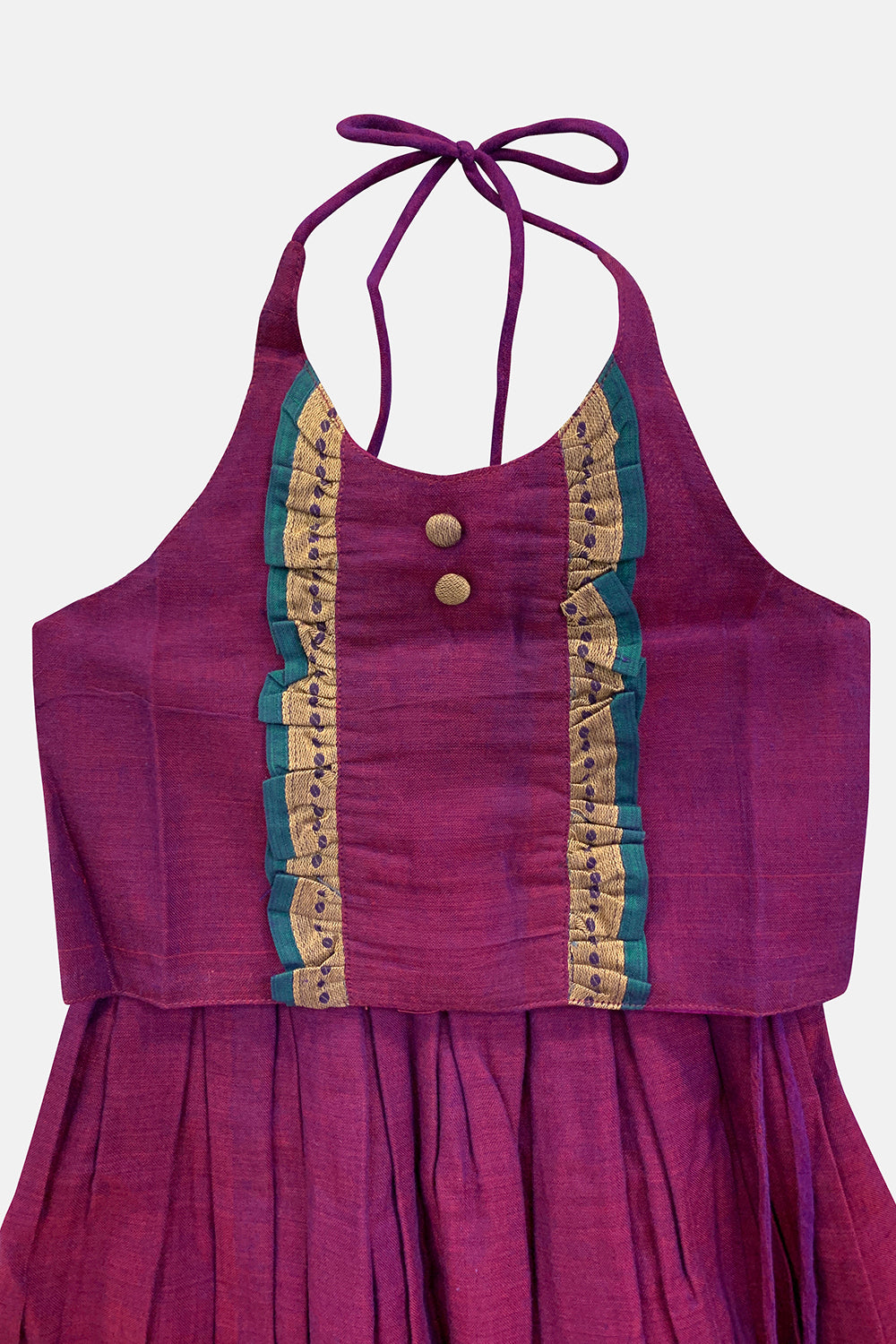 Chittythalli Girls’ Halter-Neck Pavadai Set – Cotton Blend Layered Box Pleat Skirt - Purple - PS28