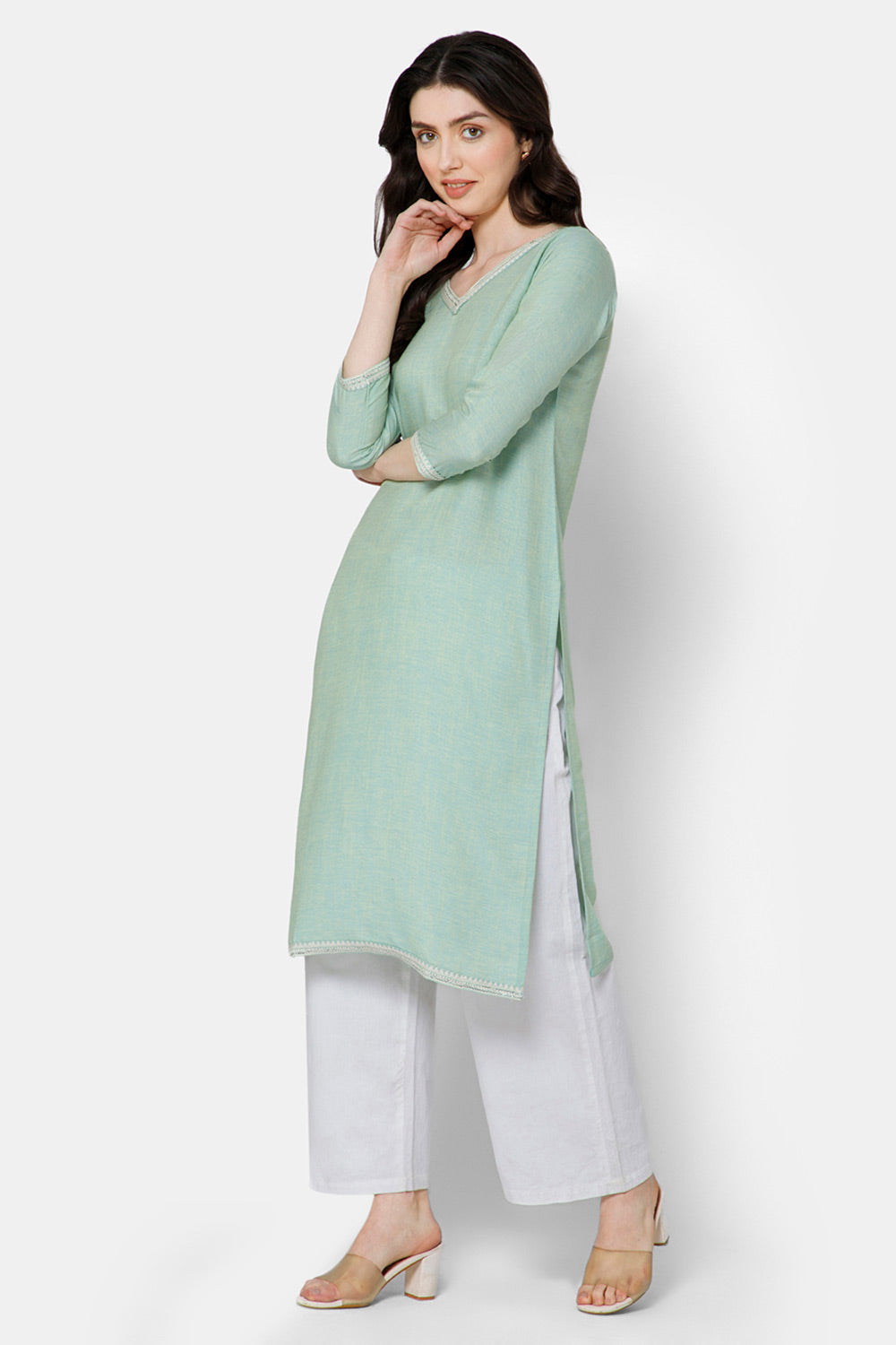 Mythri Straight kurthi with V-neck and 3/4th sleeves  - Sky Blue - E078