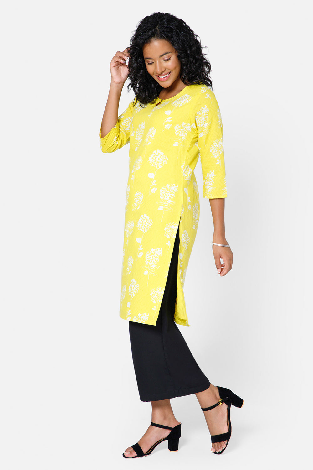 Mythri Women's Casual Kurthi with Round Neck 3/4th Sleeves - Light Yellow - KU34