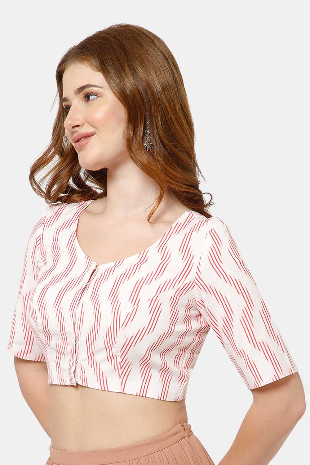 Naidu Hall Women’s Cotton Blouse | Woven U-Neck Ethnic Blouse with Elbow Sleeves & Front Closure - White Red-2 - BU17