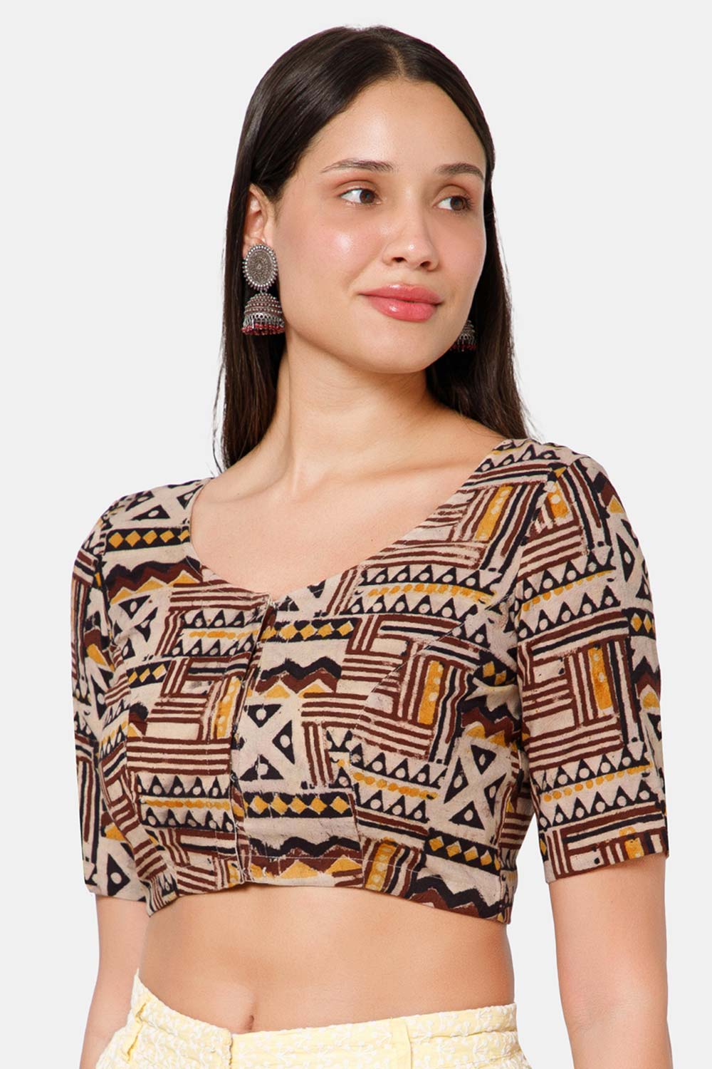 Naidu Hall Women’s Blouse Cotton Kalamkari Padded Front Open U Neck Princess Cut Elbow Sleeve Saree Blouse - Brown - BU17