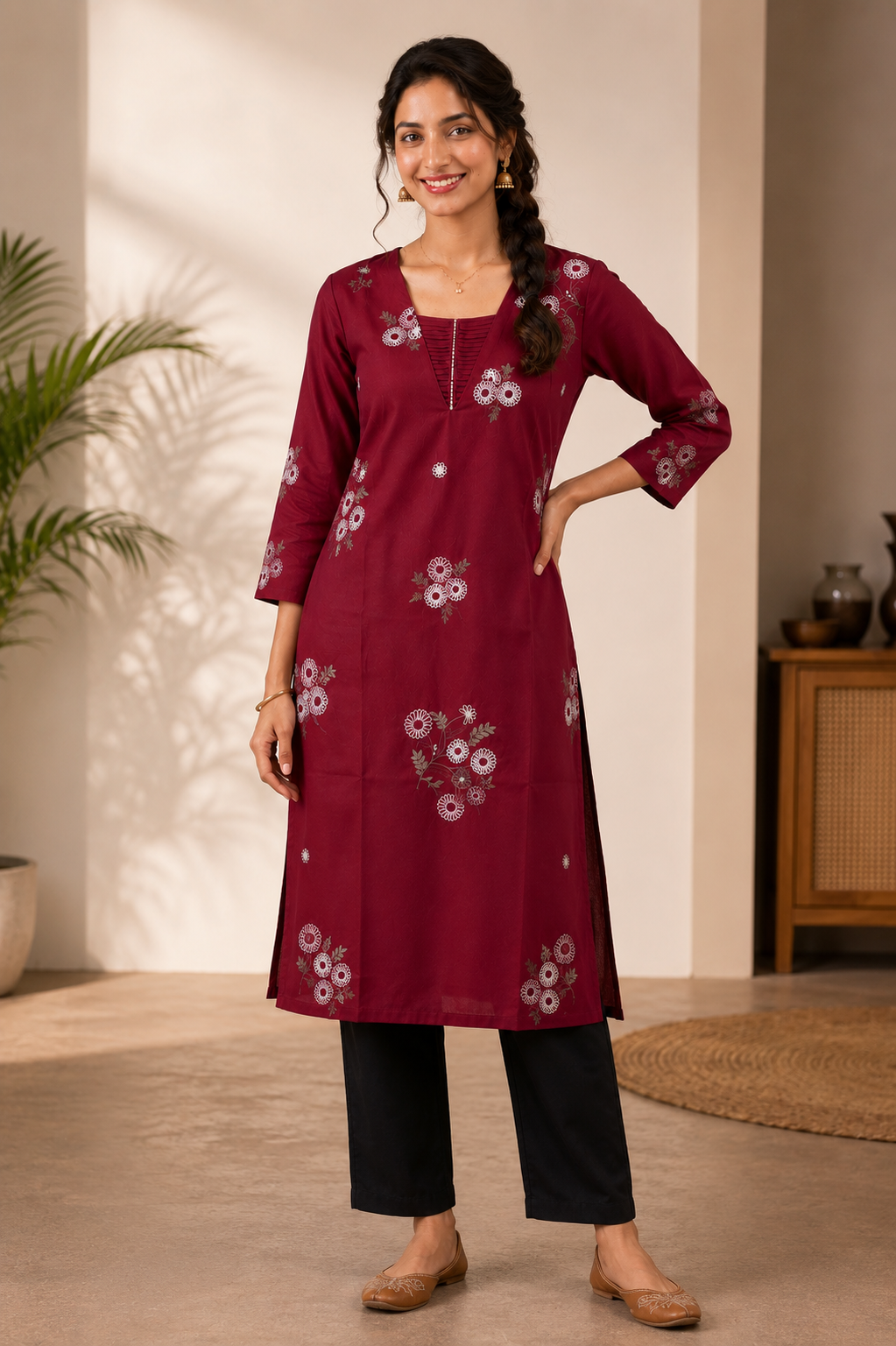 Women's Cotton Flax Embroidered Kurti | V-Neck Pintuck Kurti for Women | Regular Fit Everyday Ethnic Wear with All Over Embroidery - 1396