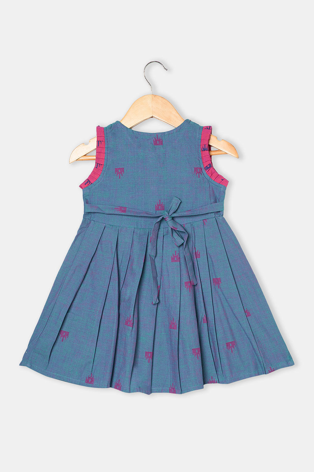 Chittythalli Girls Ethnic Frock Cotton Sleeveless Dress with Peter Pan Collar, Knife Pleats and Gathered Skirt- Blue - FR40