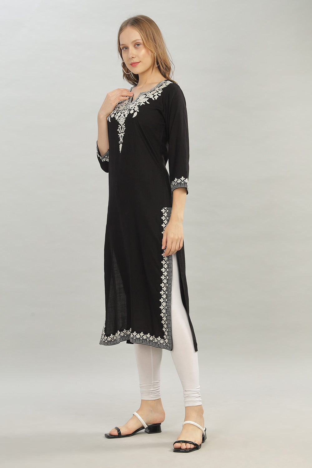 Mythri V Neck Straight Cut Kurta with 3/4 Sleeves - Black - KU43