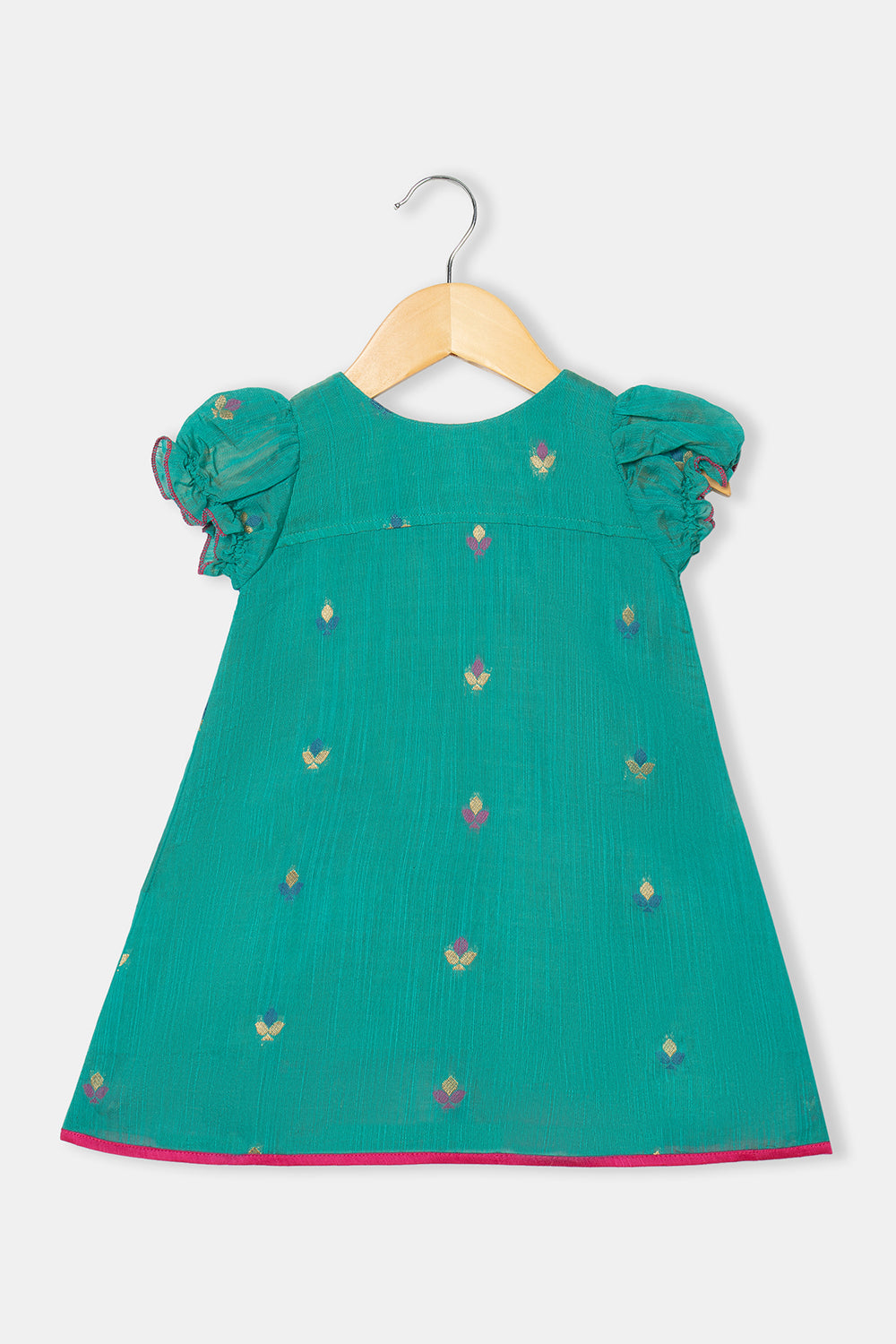 Chittythalli Girls Knee-Length Frock with Puff Sleeves and Pleated Front Detailing - Green - FR32