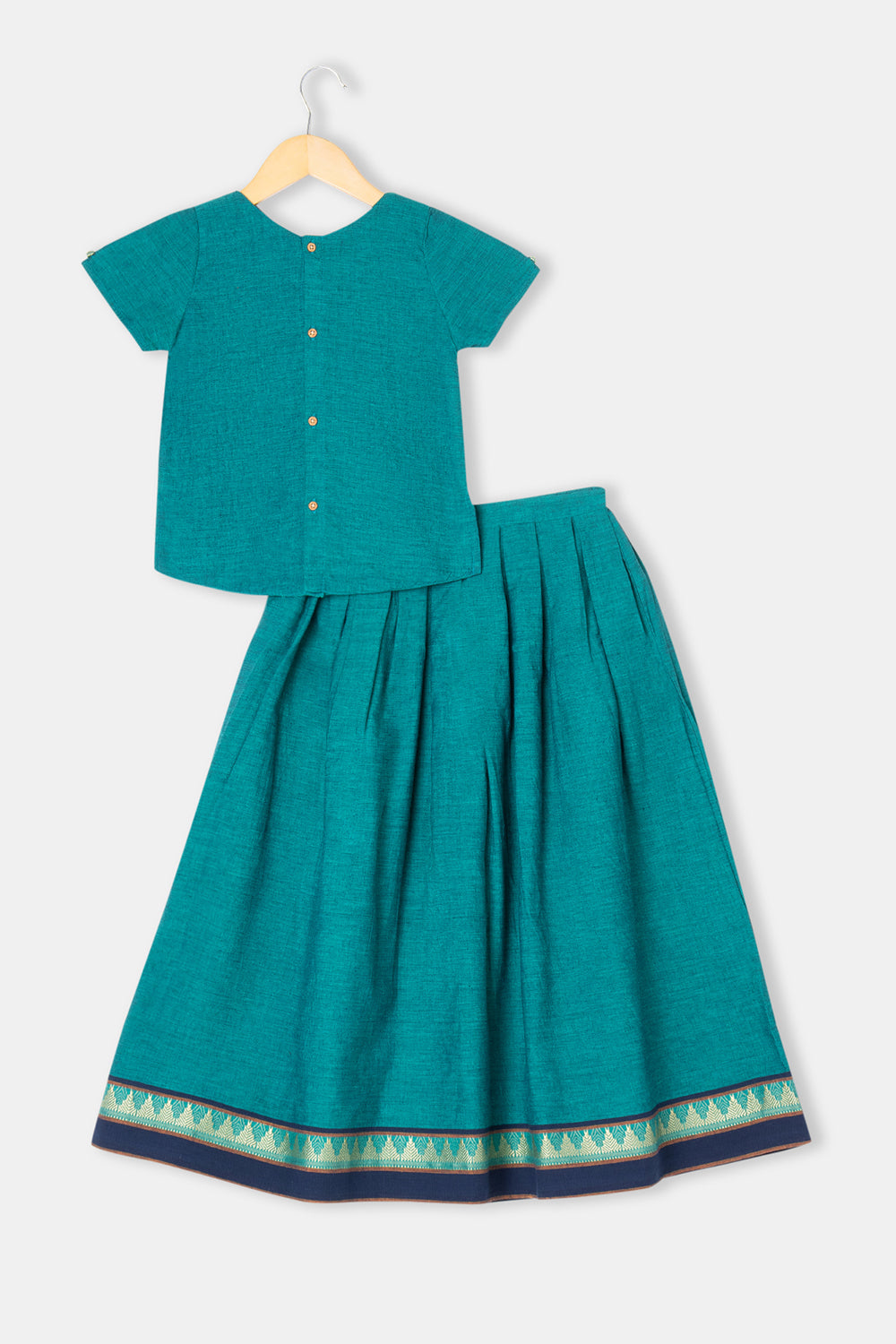 Teal Green Cotton Ethnic Pavadai Set – Stylized Collar & Puff Sleeves | Chittythalli Festive Outfit - PS67