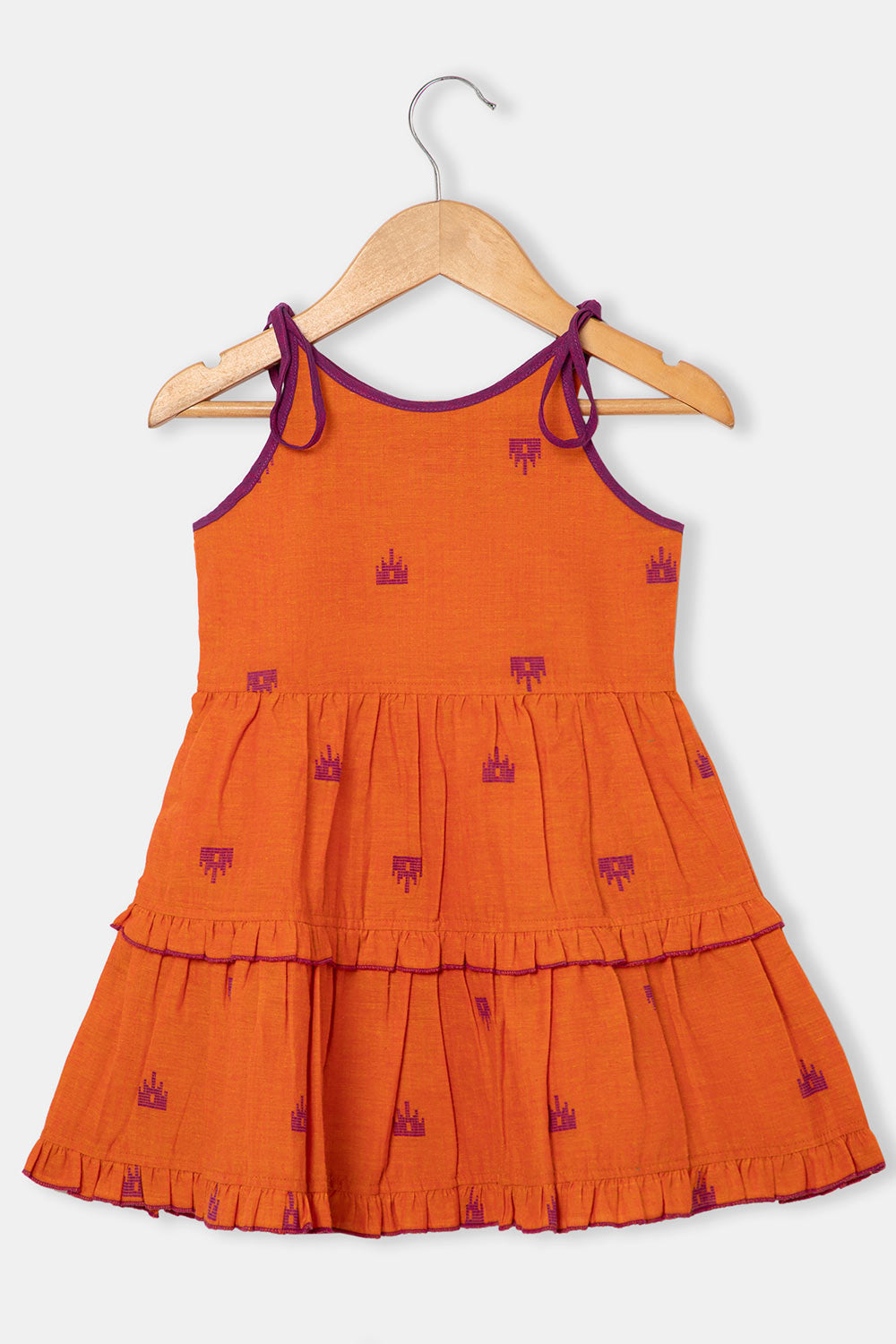Chittythalli Girls Ethnic Layered Frock with Ruffles & Tassels – Handloom Butta Dress - Orange - FR24