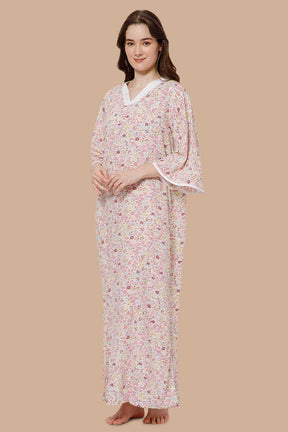 Naidu Hall V Neck Printed Nighty with Long Bell Sleeves - Pink - NT40