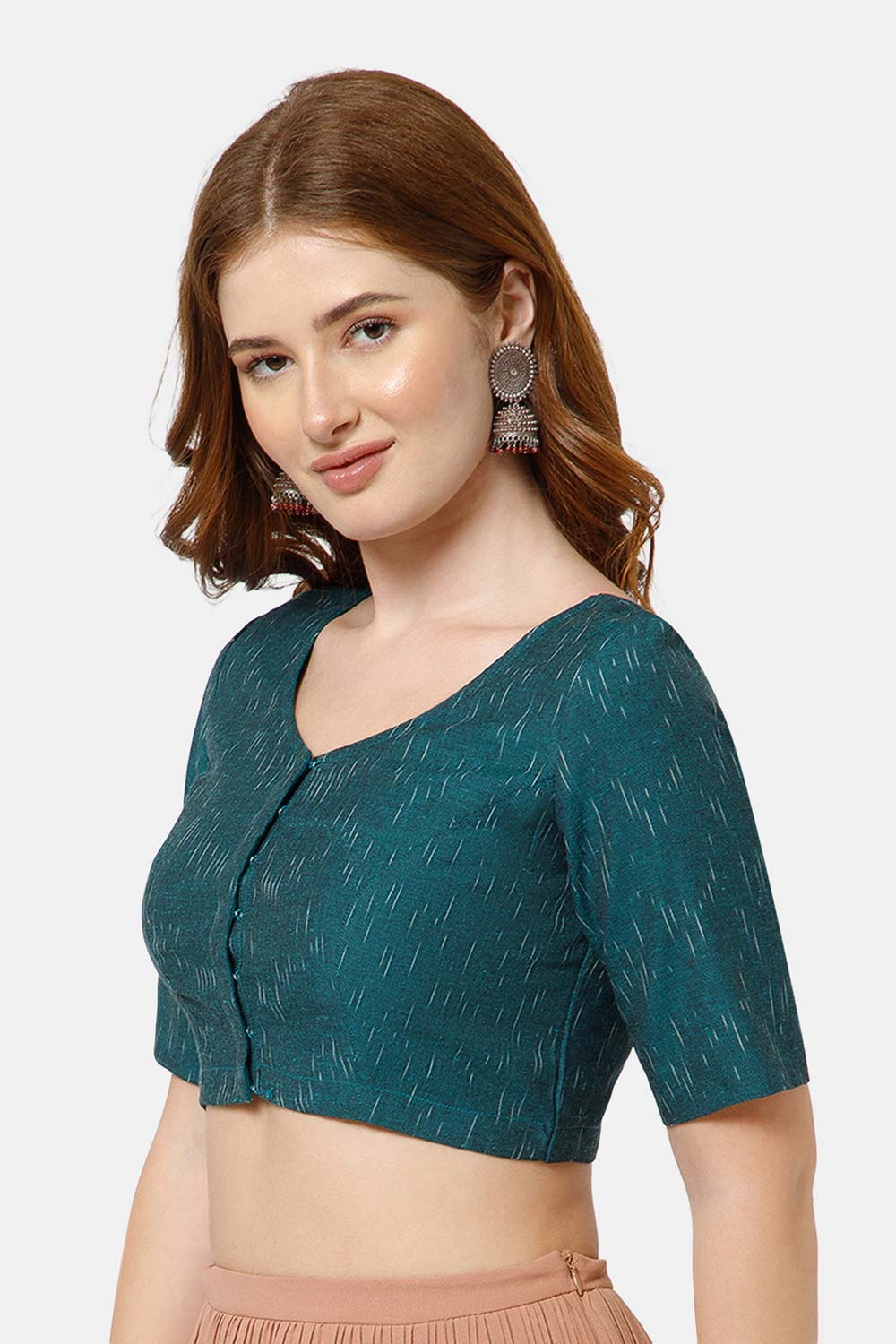 Naidu Hall Women’s Cotton Blouse | Woven U-Neck Ethnic Blouse with Elbow Sleeves & Front Closure - Teal Green-2 - BU17