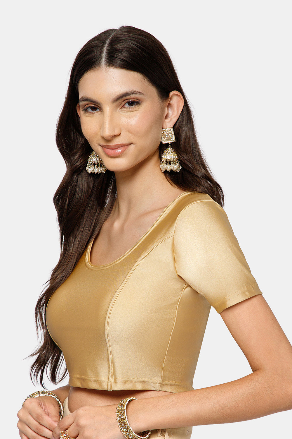 Naidu Hall Women’s Shimmer Knitted Saree Blouse | Silk Blend Round Neck Short Sleeve Ready to Wear Blouse | Regular Fit Solid Stretch Blouse for Sarees - Dark Cream Shimmer