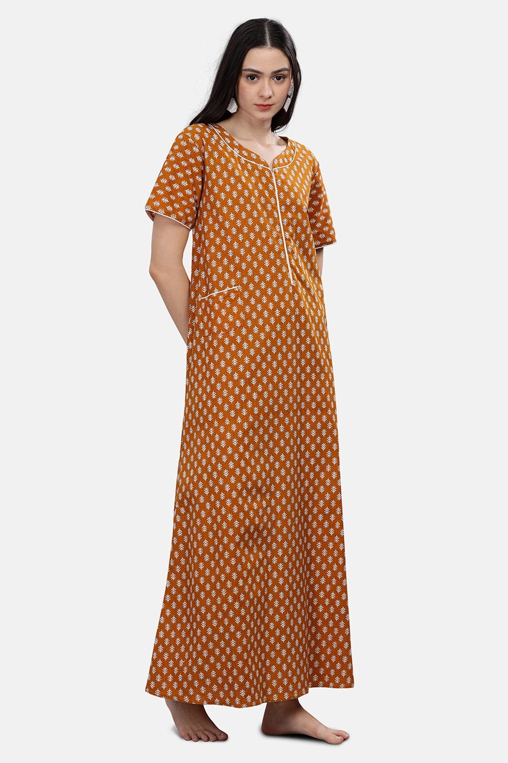 Naidu Hall  Round Neck Short Sleeve Printed Nighty - Mustard - NT69