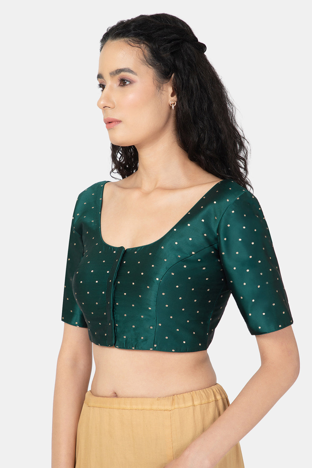 Naidu Hall Ethnic Jacquard Saree Blouse with Round Neck Elbow Sleeves - Bottle Green