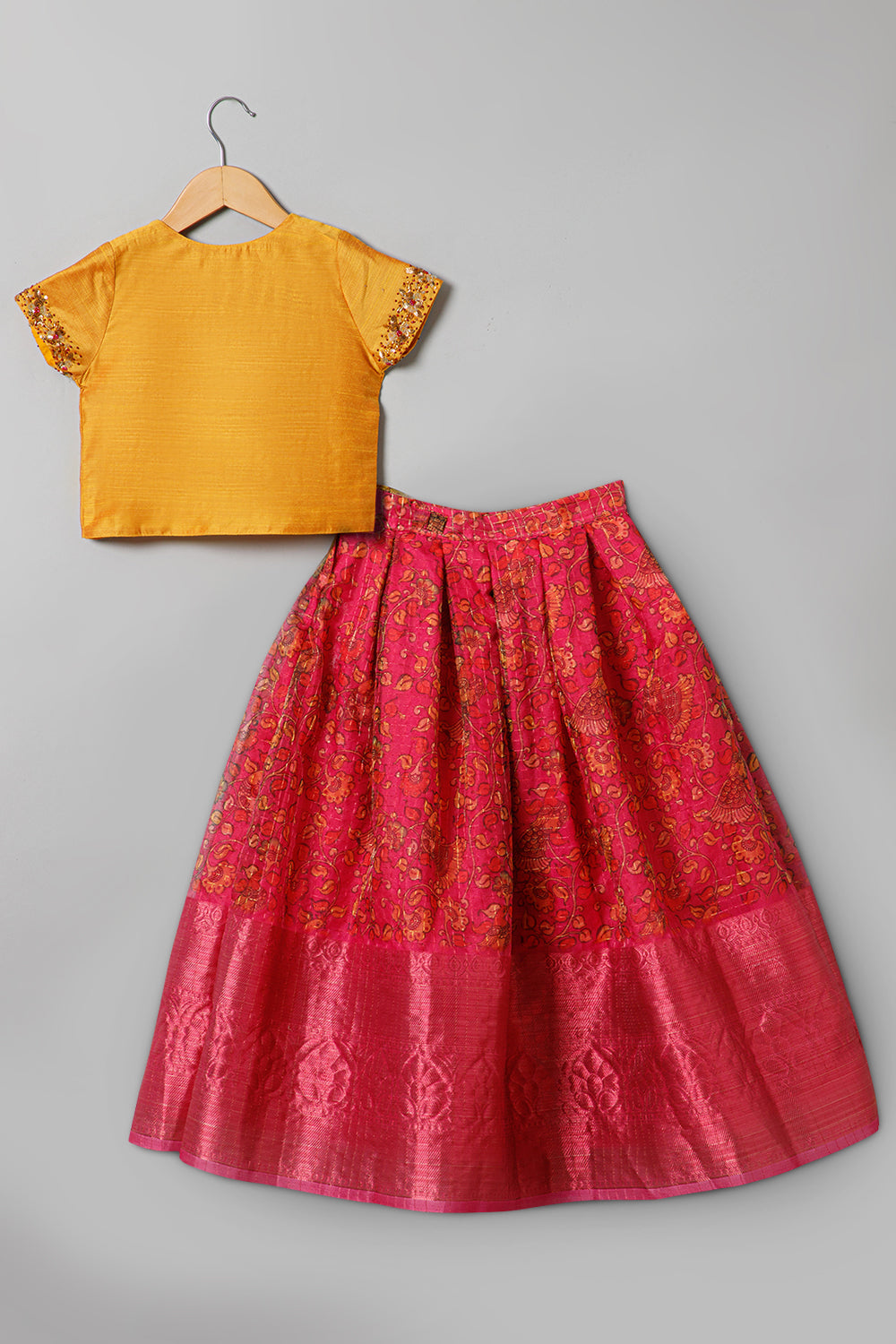 Chittythalli Traditional Pavadai Set V Neck short sleeve top with Box pleated Skirt - Yellow & Pink - PS38