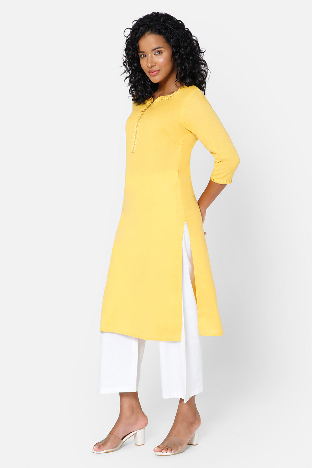 Mythri Women's Casual Kurthi with Sweetheart Neck 3/4th Sleeves - Yellow - KU47